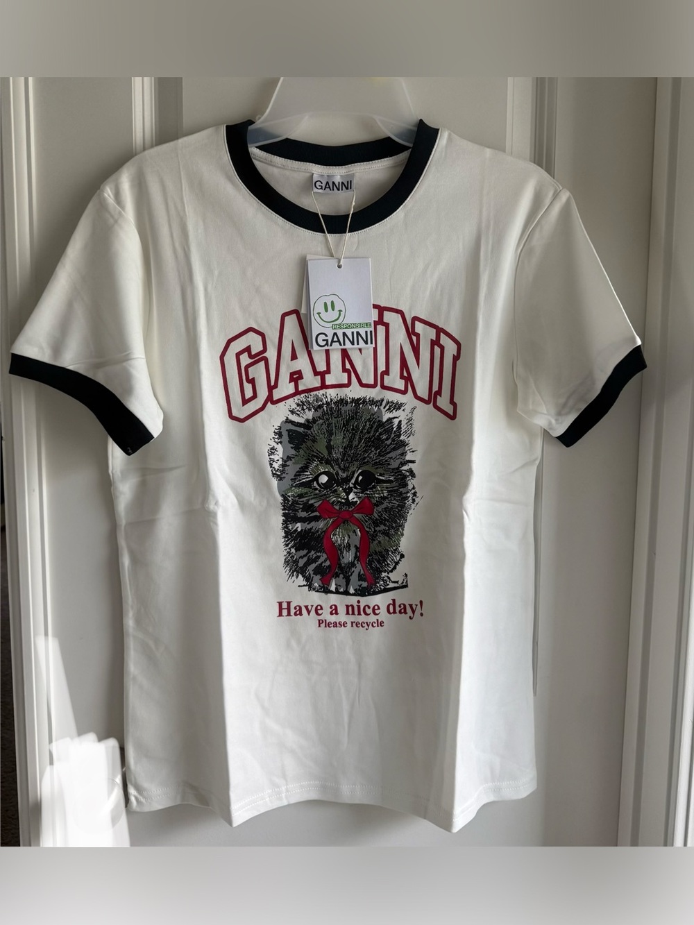 Ganni White Ringer Tee with Black Trim and Red Kitten Graphic